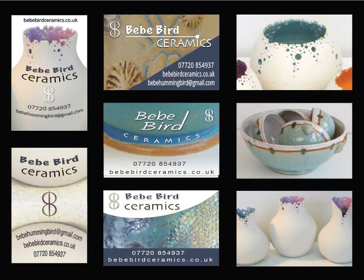 Images of development ofbusiness card design for Bebe Bird Ceramics