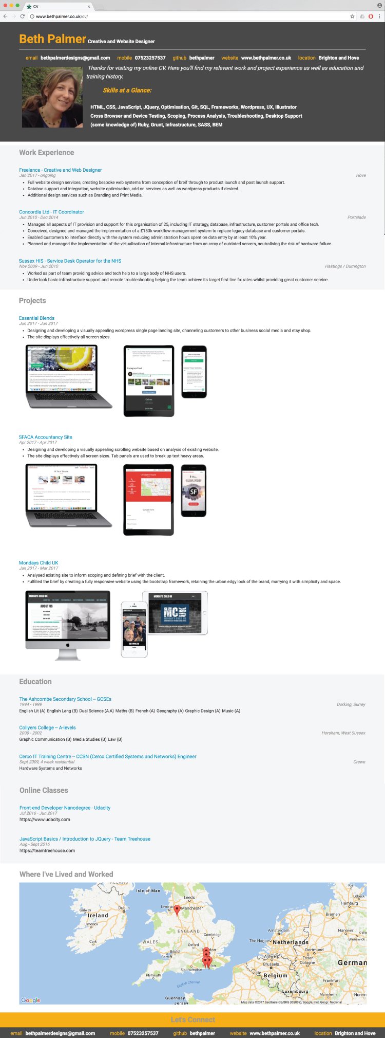 Image of my online CV full scrolling website top to bottom