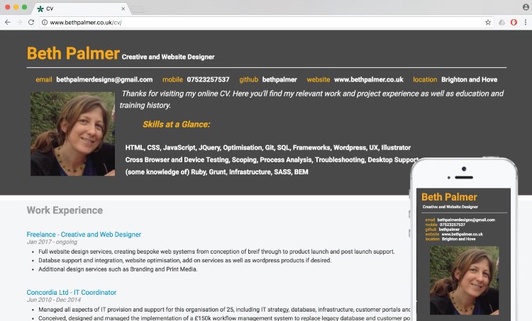 Image of first page visual of my online CV website also shown on mobile screen