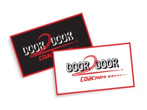 Door 2 Door Coaches logo design in 2 different colour options displayed on business cards