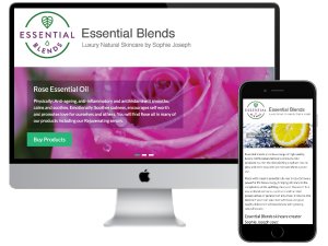Display of Essential Blends website landing page on iMac and iPhone displays