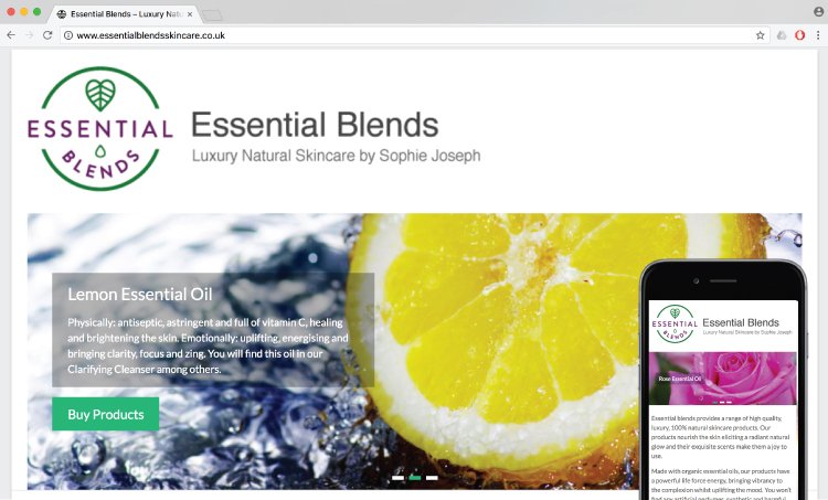 Image of first page visual of essential blends website also shown on mobile screen