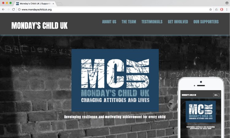 Image of first page visual of Monday's Child website also shown on mobile screen