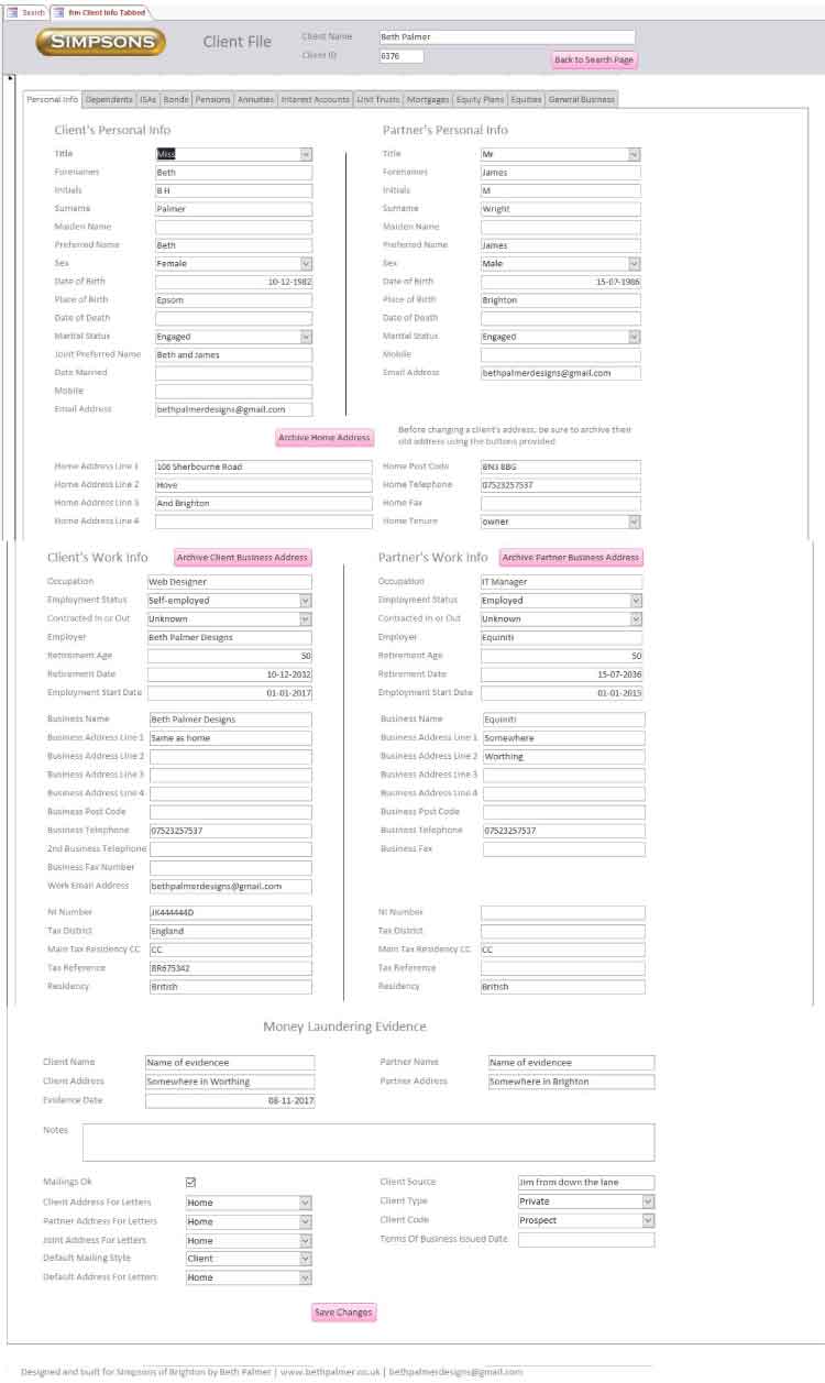 Image of client info form in Simpsons of Brighton database