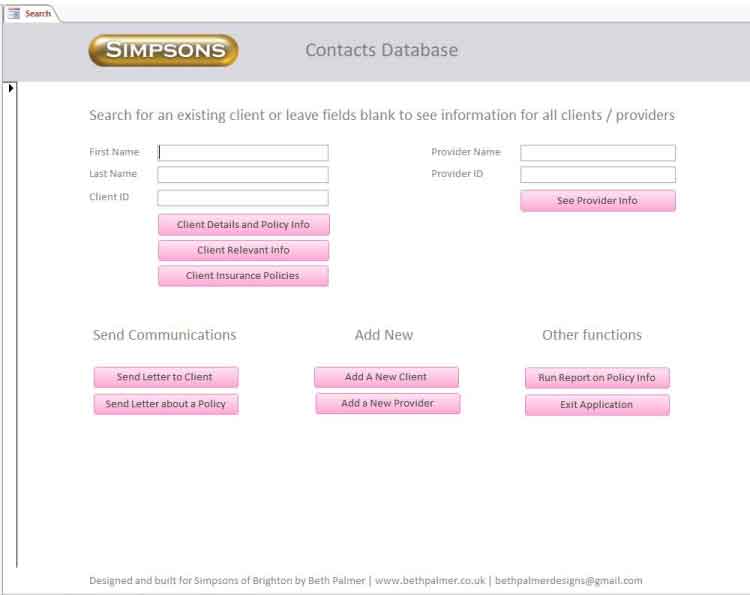 Image of the search form in Simpsons of Brighton database