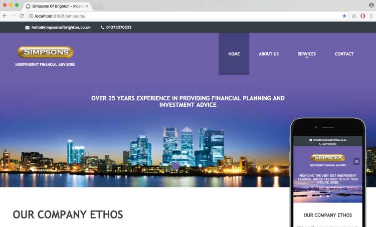 Image of first page visual of Simpsons of Brighton website also shown on mobile screen